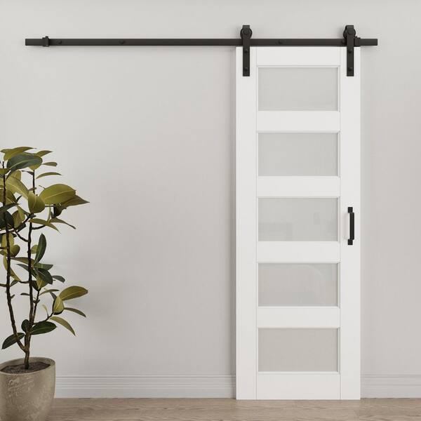 28 in. x 80 in. 5-Lite Tempered Frosted Glass White Primed MDF Sliding Barn Door with Hardware Kit (Soft Close Include)