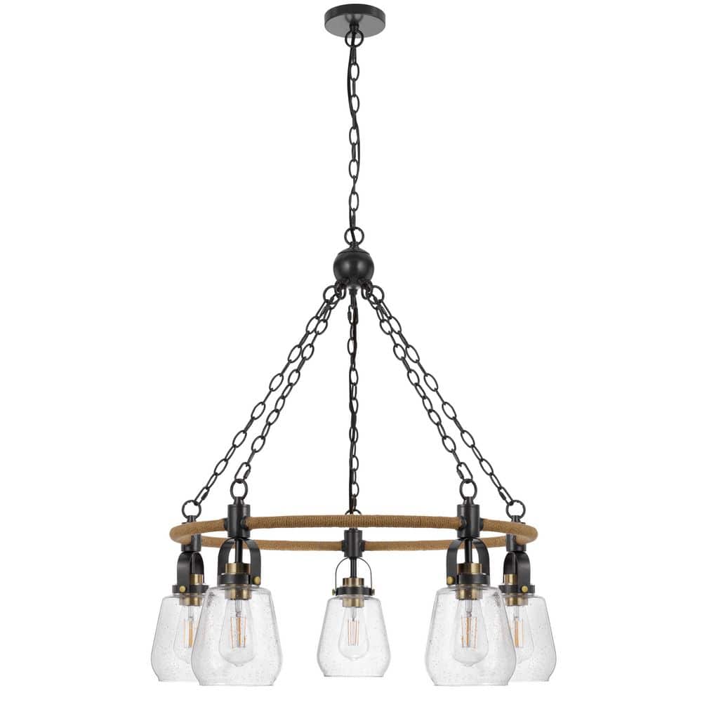 60W x 5 light Kavala Antique Brass Metal Chandelier with Burlap Accent and 