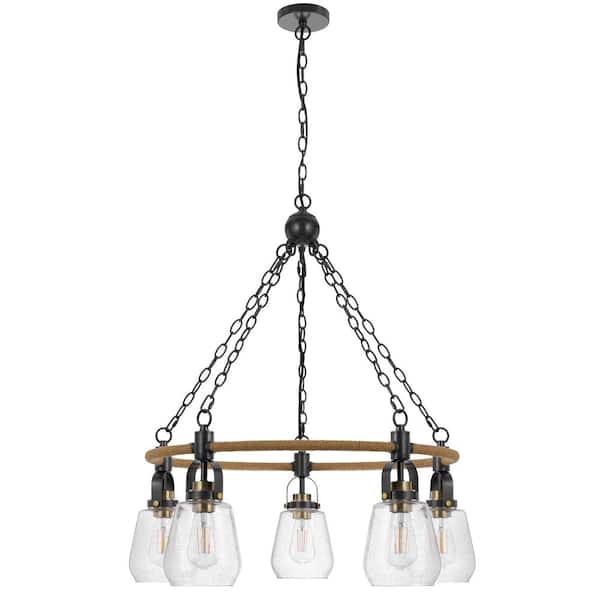 60W x 5 light Kavala Antique Brass Metal Chandelier with Burlap Accent and Glass Shades
