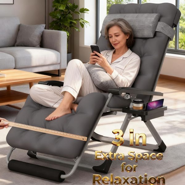 29 in.W Oversized Zero Gravity Chair Metal Outdoor Chaise Lounge with Fossil Gray Removable Cushion and Headrest