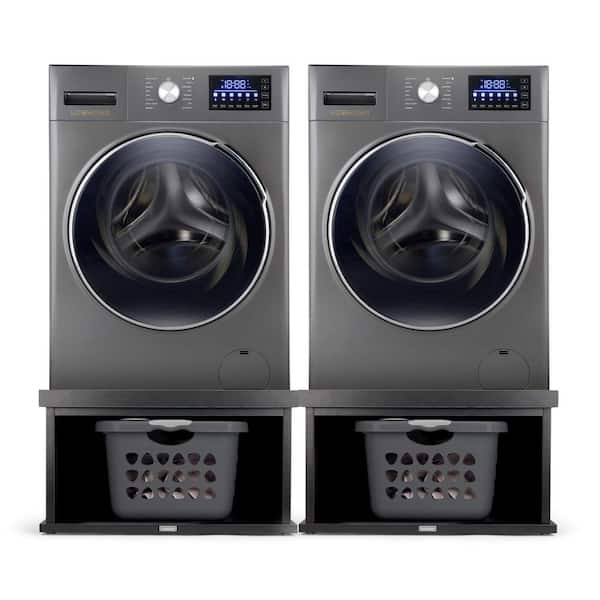 29.92 in. Wooden Laundry Pedestal in Black with Basket Compartment (Pack of 2)