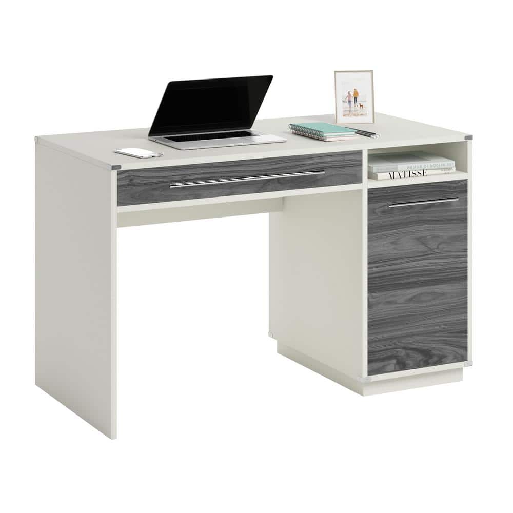 White Engineered Wood Desk with Keyboard Tray and Storage