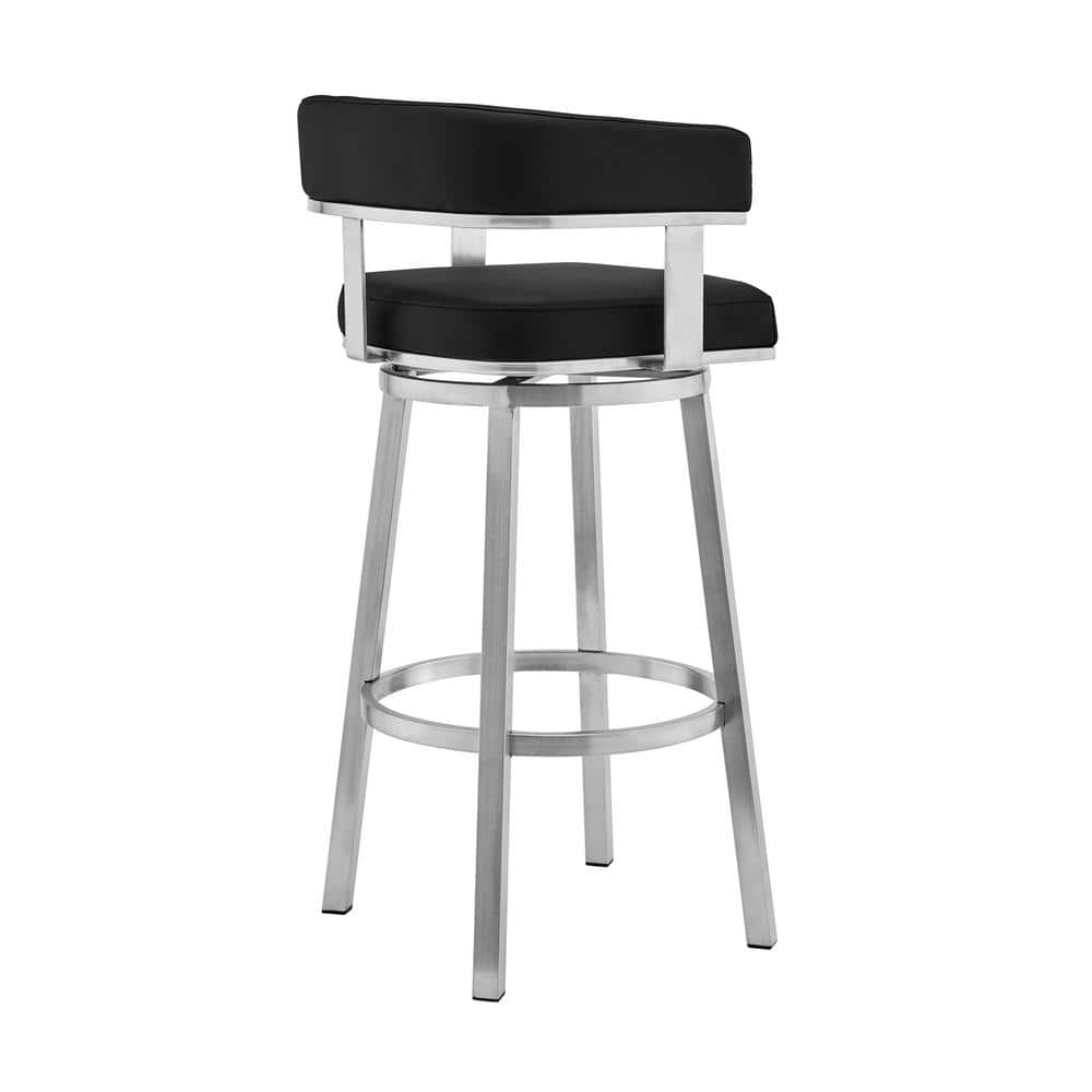 Contemporary 26" Black Faux Leather Swivel Counter Stool with Stainless Steel Base