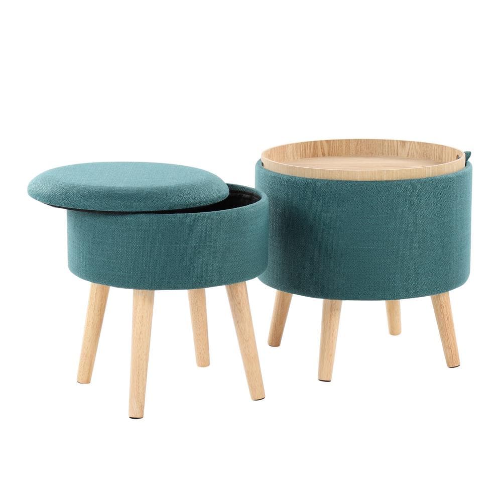 Teal Fabric Ottoman with Natural Wood Tray and Matching Stool