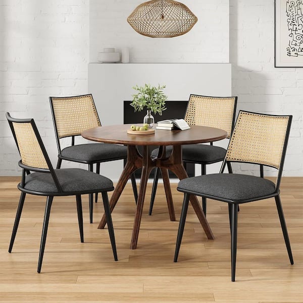 Lirago Dark Gray Dining Chair with Rattan Backrest and Boucle Upholstered Fabric (Set of 2)