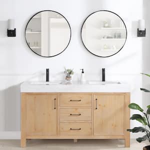 León 60 in.W x 22 in.D x 34 in.H Double Sink Bath Vanity in Fir Wood Brown with White Composite Stone Top
