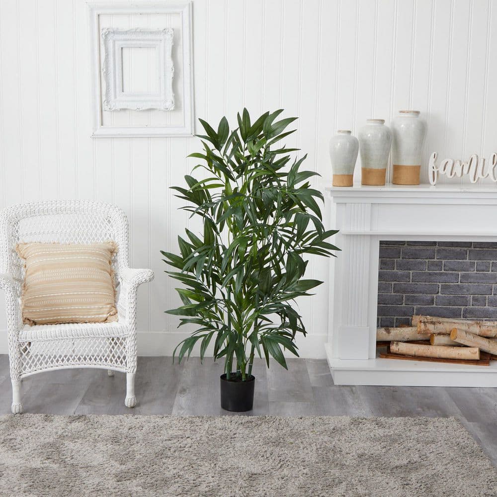4-Foot Green Bamboo Palm Silk Tree with Black Pot
