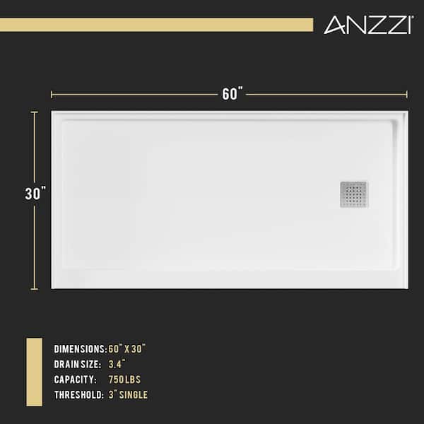 ANZZI - Alexander Base Series 60 in. L x 30 in. W Alcove Shower Pan Base with Right Drain in Glossy White Marine Acrylic