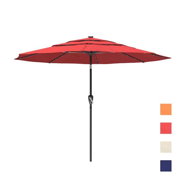 11 ft. 3-Tier Market Patio Umbrella Crank and Tilt Outdoor Umbrella in Red with LED Lights