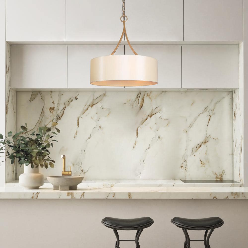 Rafa Matte Gold Drum Pendant Light with White Fabric Shade