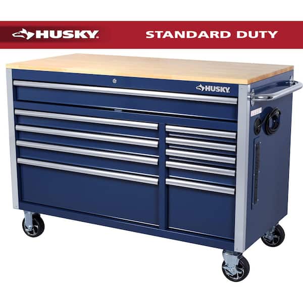 52 in. W x 25 in. D 10-Drawer Mobile Workbench Tool Chest with Solid Wood Work Top in Gloss Blue