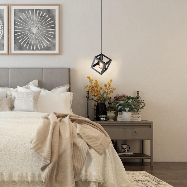 Modern Industrial Matte Black Square Pendant 1-Light Minimalist Chandelier Flush Mount for Kitchen Island LED Compatible