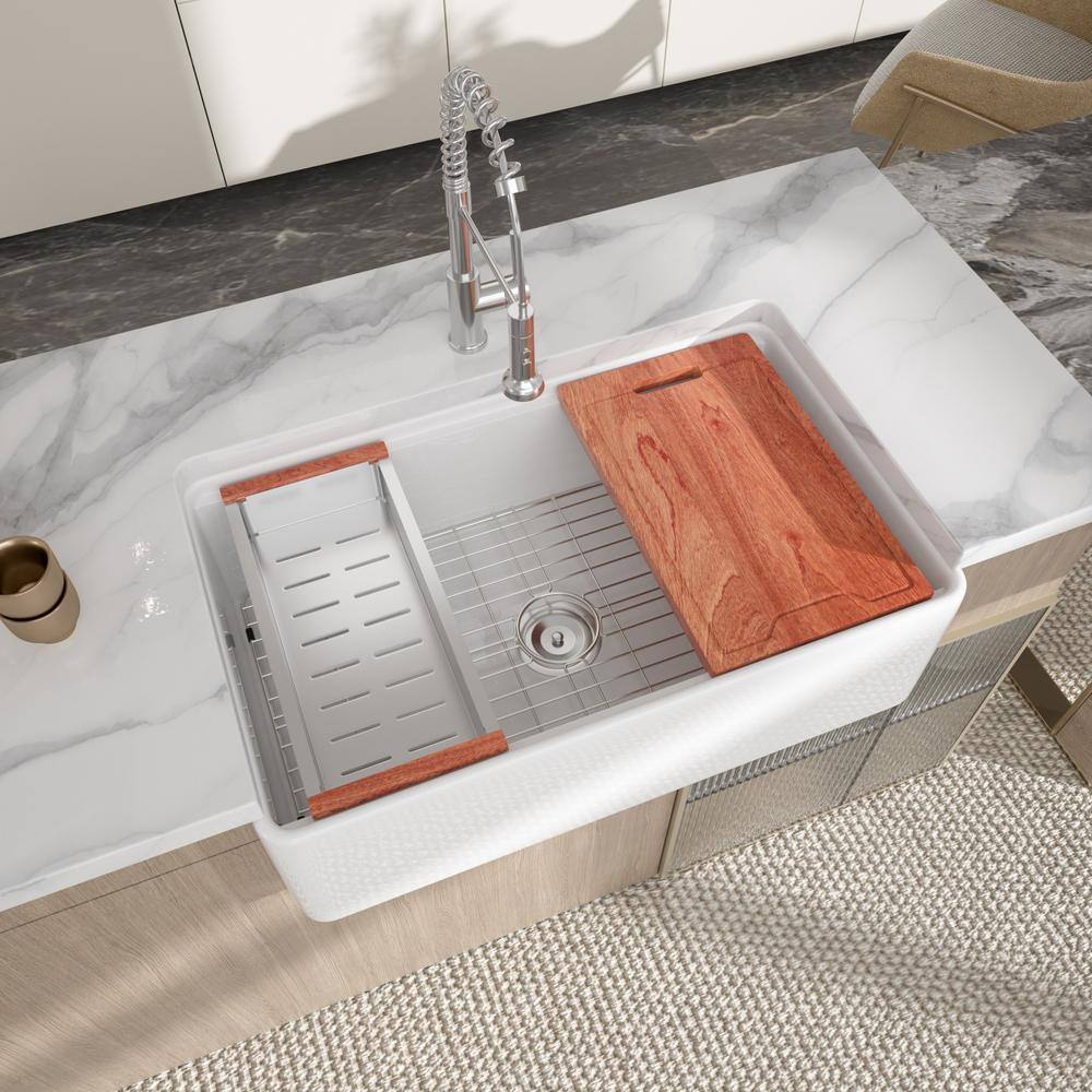 33'' White Ceramic Farmhouse Workstation Sink with Accessories