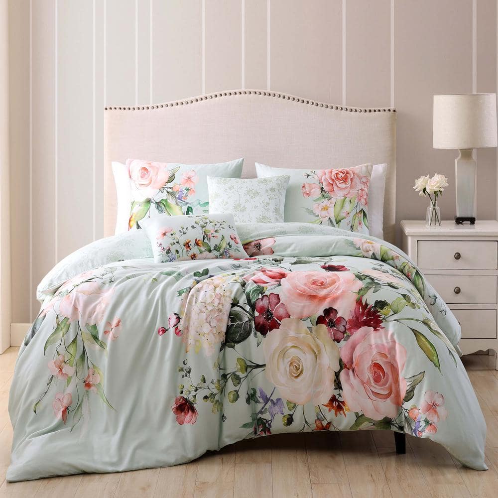 Queen Misty Green Cotton Reversible Floral Comforter Set
