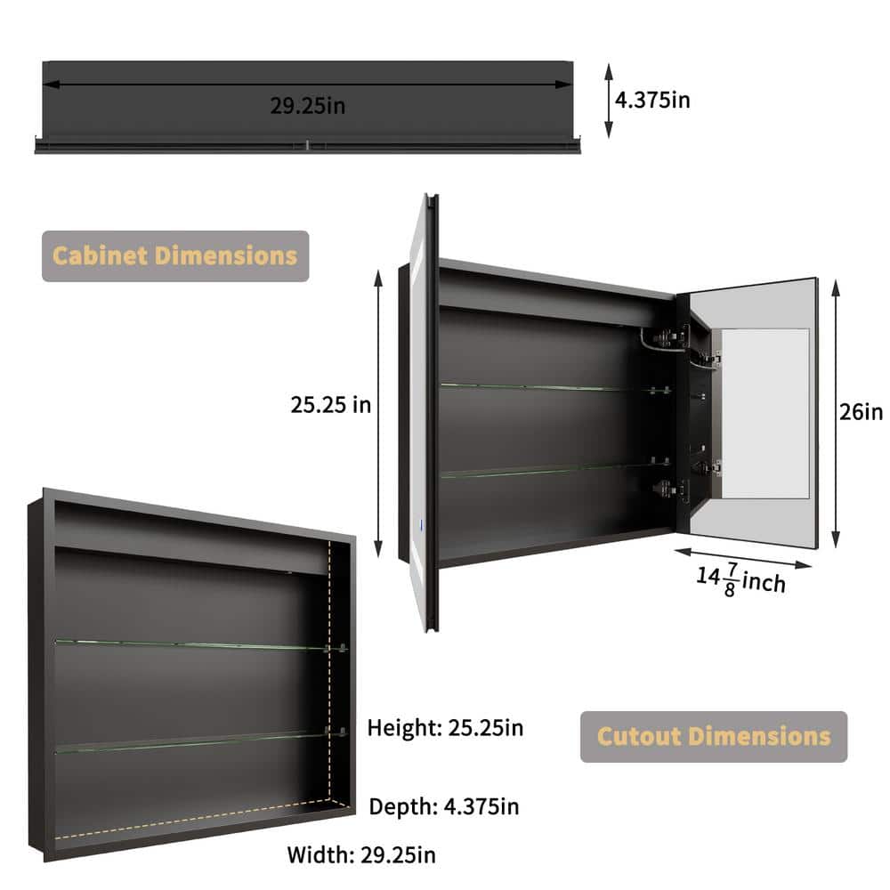 30" x 26" Black Aluminum LED Medicine Cabinet with Mirror