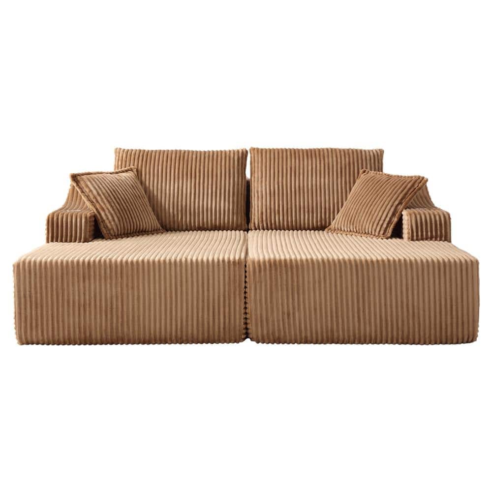 83" Oversized Double Chaise Lounge with Deep Seat & 6 Pillows, Brown Fabric Boneless Sofa Bed, Armless Chaise Lounge