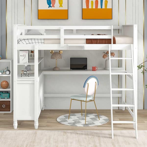 Polibi Full size Loft Bed with Drawers and Desk, Wooden Loft Bed with Shelves-White