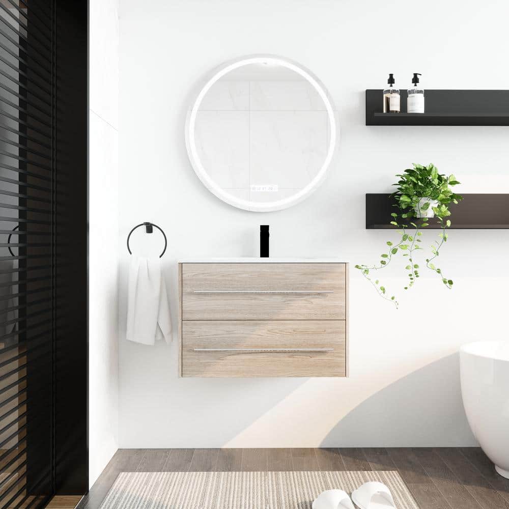 30 in. W x 18 in. D x 20 in. H Wall Mounted Bath Vanity in White Oak with W