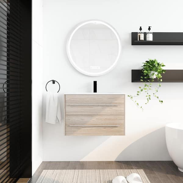 Unbranded 30 in. W x 18 in. D x 20 in. H Wall Mounted Bath Vanity in White Oak with White Cultured Marble Top