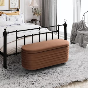 Farrah 42 in. Wide Oval Velvet Upholstered Entryway Flip Top Storage Bedroom Accent Bench in Brown