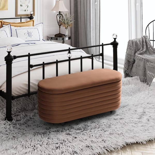 WESTINFURNITURE Farrah 42 in. Wide Oval Velvet Upholstered Entryway Flip Top Storage Bedroom Accent Bench in Brown