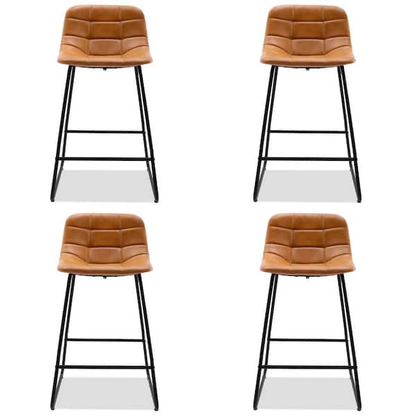 LUE BONA 33.07 in. Whiskey Brown Mid Century Modern Low Back Metal Frame Counter Stool (Set of 4)