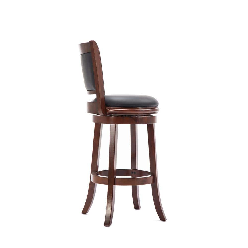 Elegant Cherry Wood and Black Leather 29" Swivel Barstool