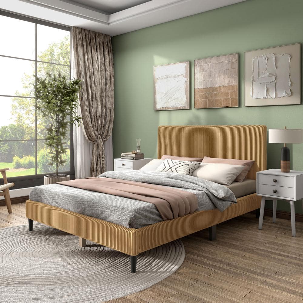 Claude Yellow Wood Frame Queen Platform Bed With Removable Corduroy Cover price history on PriceWatchPro