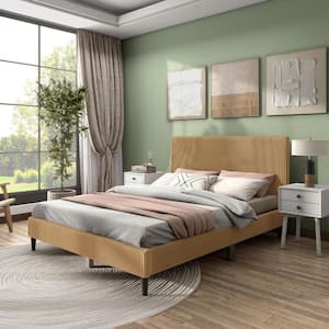 Claude Yellow Wood Frame Queen Platform Bed With Removable Corduroy Cover