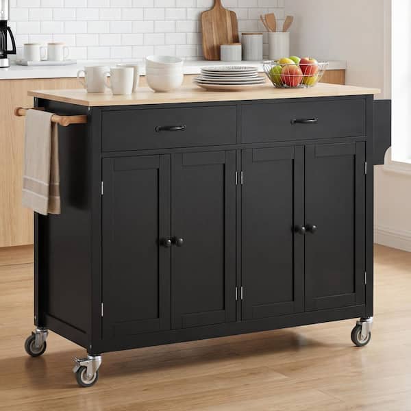 Black Wood 54 in. Kitchen Island with Solid Wood Top, Locking Wheels, 4-Door Cabinet and 2-Drawers for Kitchen Room