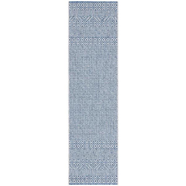 SAFAVIEH Courtyard Gray/Blue 2 ft. x 14 ft. Geometric Diamond Indoor/Outdoor Patio  Runner Rug