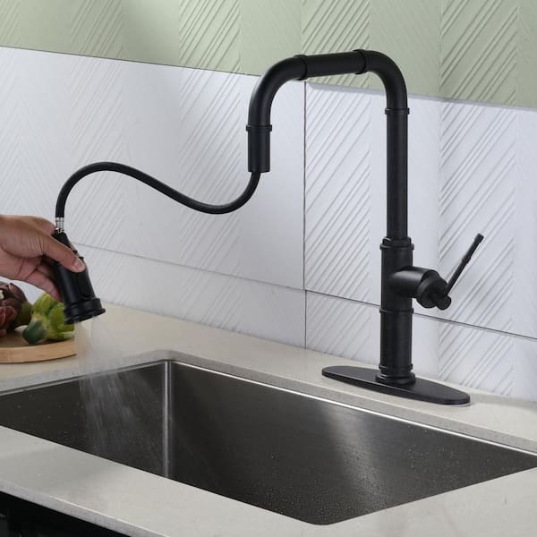 Single Handle 17.9 in. H Pull Down Sprayer Kitchen Faucet with 360° Spout Swivel and 3-Mode Spray in Matte Black