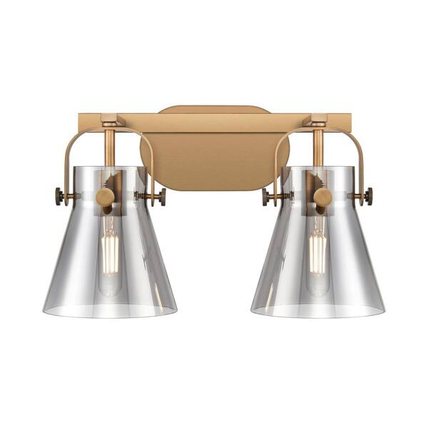 Innovations Pilaster II Cone 17 in. 2-Light Brushed Brass Vanity Light with Glass Shade