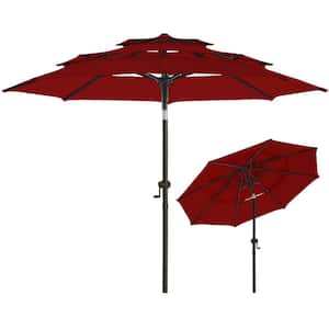 9 ft. 3-Tiers Aluminum Market Umbrella Outdoor Patio Umbrella with Push Button Tilt Fade Resistant in Burgundy