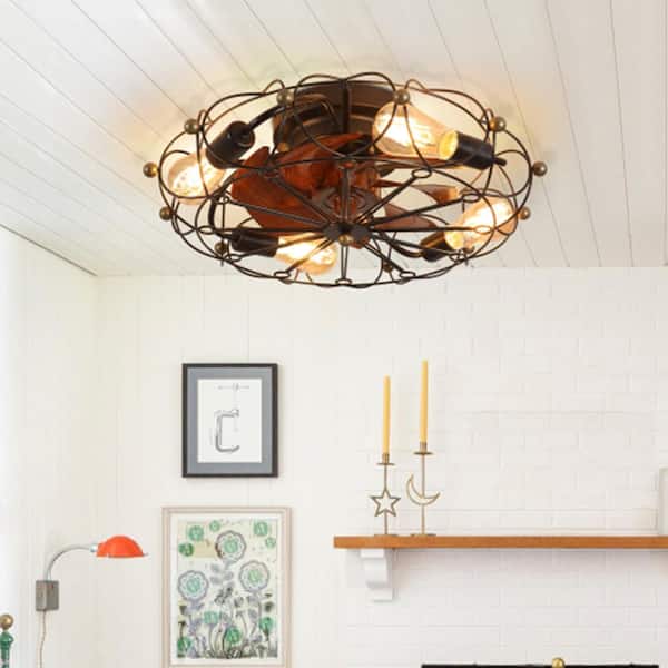 OLUZFAN 19.7 in. Indoor Low Profile Cage Ceiling Fan With Light Remote Control, Embedded Modern Industrial Ceiling Fan