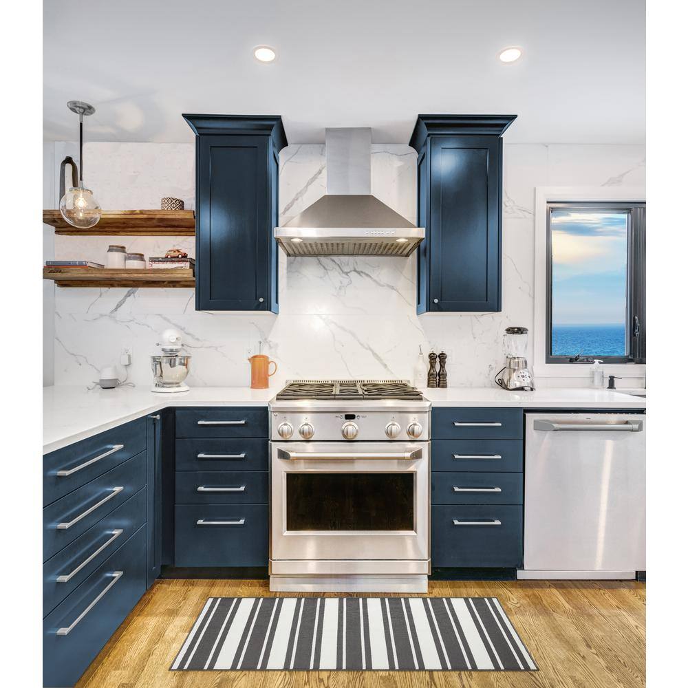 Elegant Dark Grey and White Striped Synthetic Runner Rug