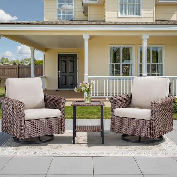 Nyajiah 3-Piece Wicker Patio Conversation Set with Beige Cushions