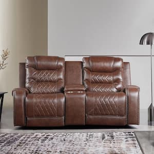 Bergen 77.5 in. W Brown Faux Leather Power Double Reclining Loveseat with Center Console, Receptacles and USB Port