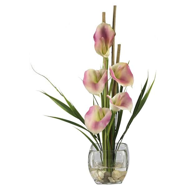 Nearly Natural 18 in. Artificial Calla Lilly Liquid Illusion Silk Flower Arrangement in Pink