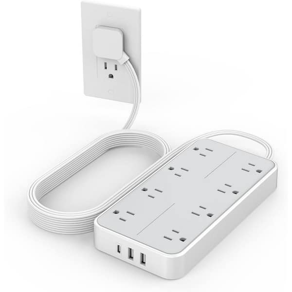 Flat Plug 10 FT Extension Cord Surge Protector Power Strip with 8 AC and 3 USB(1USB-C) Ports, 1080 Protection Wall Mount
