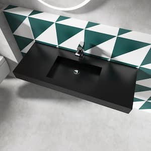 47 in. x 19 in. Solid Surface Wall-Mounted Bathroom Vessel Sink in Black with Faucet Hole and Pop-up Drain