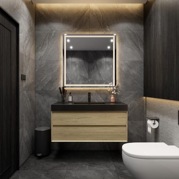 MIA 47 in. W. x 20 in. D x 24 in. H Single Sink Floating Bath Vanity in Teak Oak with Black Stainless-Steel Top