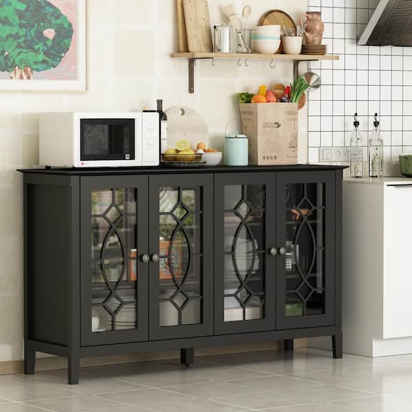 FUFU&GAGA Black Modern Wood Buffet Sideboard with Storage Cabinet, Glass Doors, and Adjustable Shelves for Kitchen Dining Room