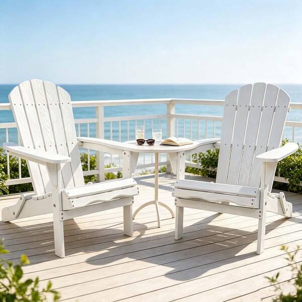 White Folding Wood Adirondack Chair Set of 2 Solid Wood Garden