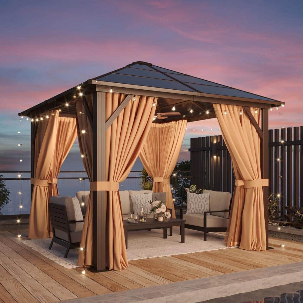 Aoxun 10' x 10' Brown Aluminum Gazebo with Curtains and Netting
