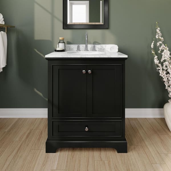 Wyndham Collection Deborah 30 in. Single Bathroom Vanity in Dark Espresso with Marble Vanity Top in White Carrara with White Basin