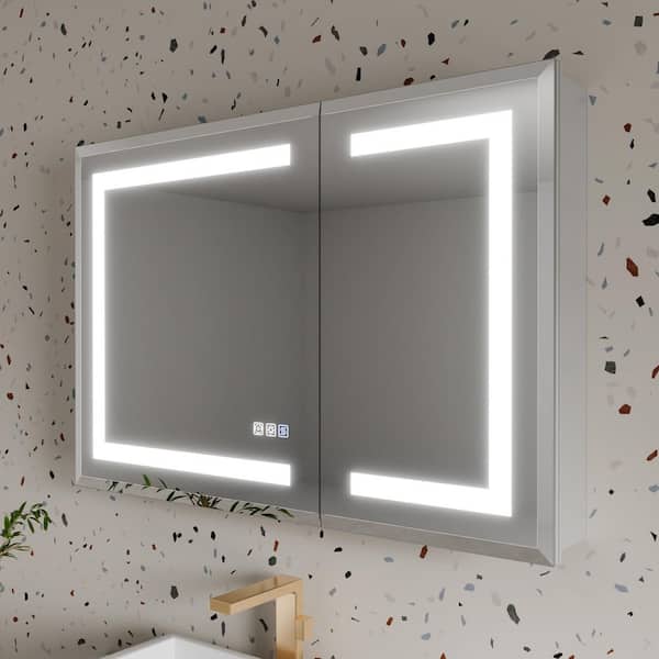 ANGELES HOME 36 in. W x 24 in. H Rectangular Aluminum Anti-Fog LED Medicine Cabinet with Mirror, Tempered Glass Door