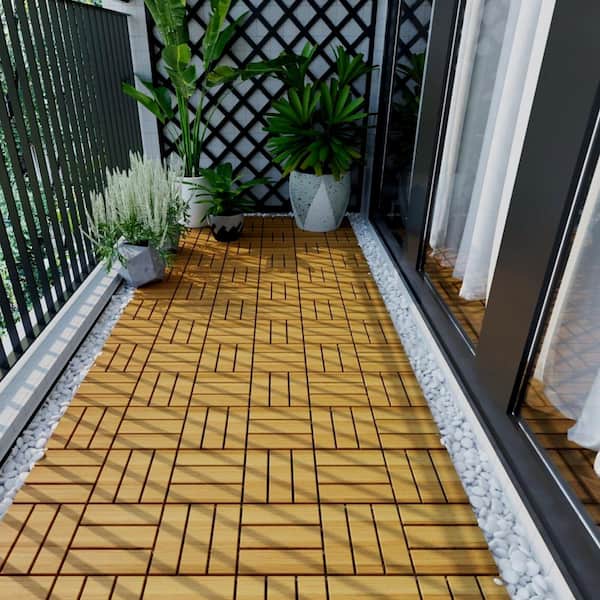 Afoxsos 12 in. x 12 in. Square Teak Wood Interlocking Flooring Tiles Striped Pattern (Pack of 10 Tiles)