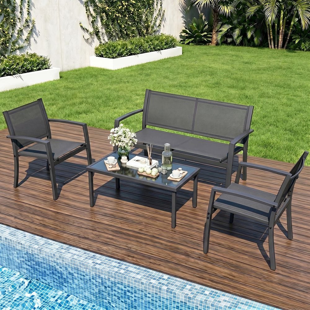 4-Piece Brown Metal Outdoor Conversation Set with Loveseat, 2 Lounge Chairs and Glass Coffee Table price history on PriceWatchPro