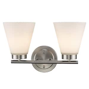 Fifer 14.5 in. 2-Light Brushed Nickel Bathroom Vanity Light Fixture with Frosted Glass Shades